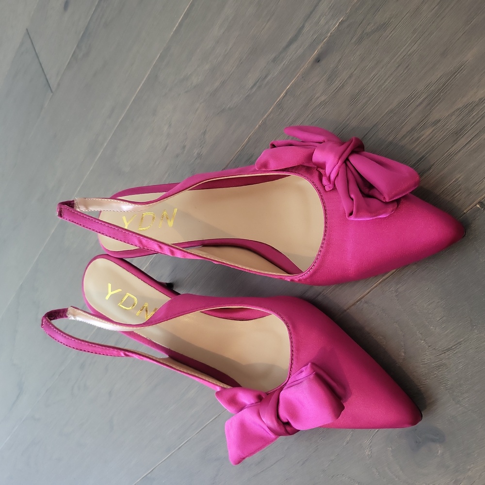 YDN satin pointed toe sling back heeled pumps